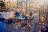 Folding up the tarps.